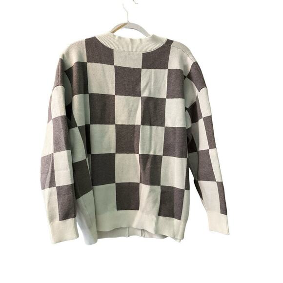Women's L Cardigan Sweater White/Gray Checkered Dropped Shoulder Button-Detail - Picture 2 of 3